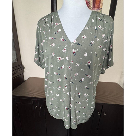 Banana Republic Top Sz S Casual Knit V Neck Cap Sleeve Green Floral Stretch