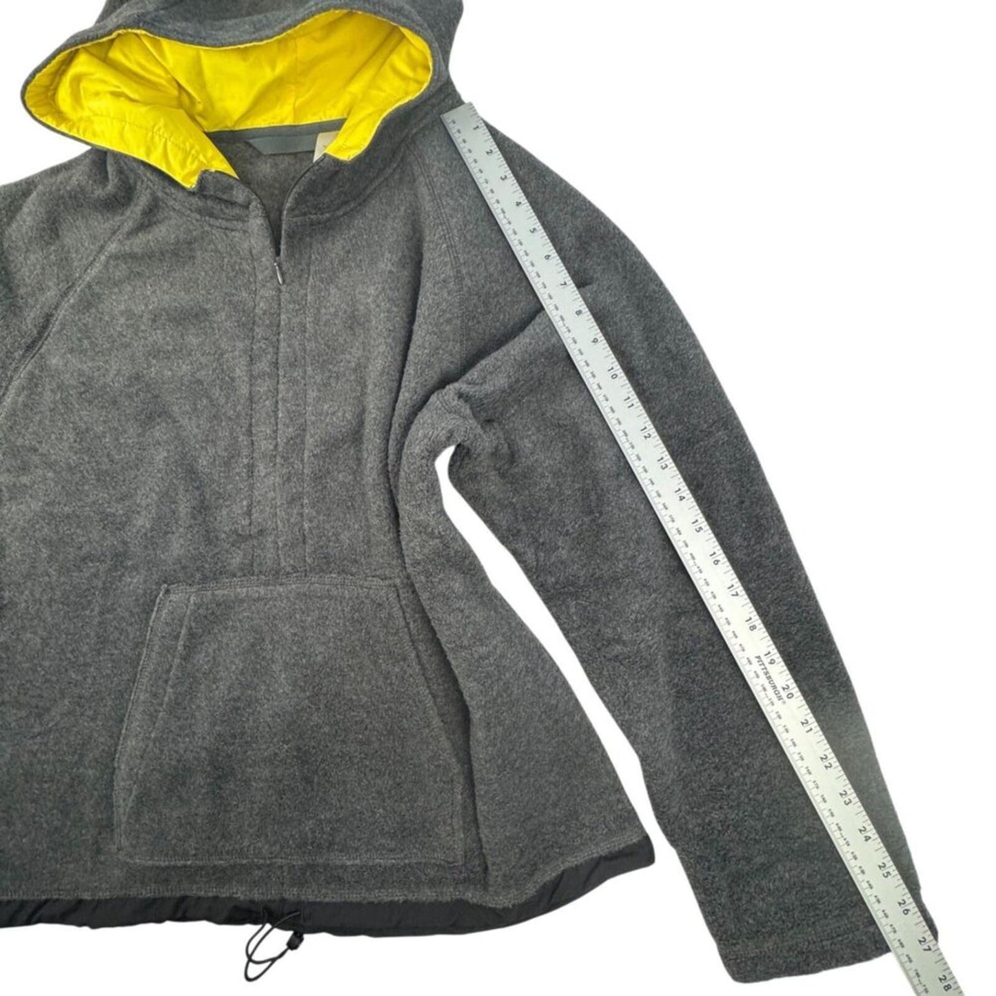 Women’s Gray Fleece Hoodie L Yellow Lined Hood 1/4 Zip Kangaroo Pocket