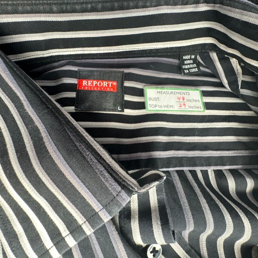 Report Collection Men Shirt Sz L Striped Button Down Long Sleeve Black Gray