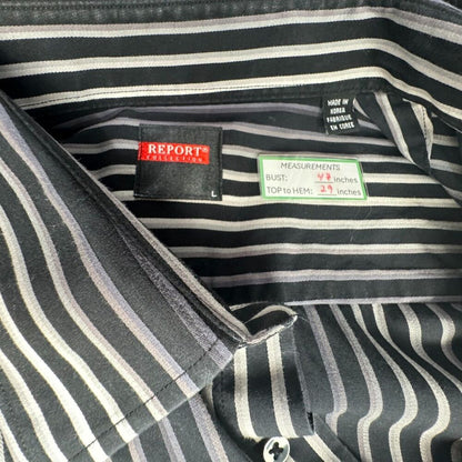 Report Collection Men Shirt Sz L Striped Button Down Long Sleeve Black Gray