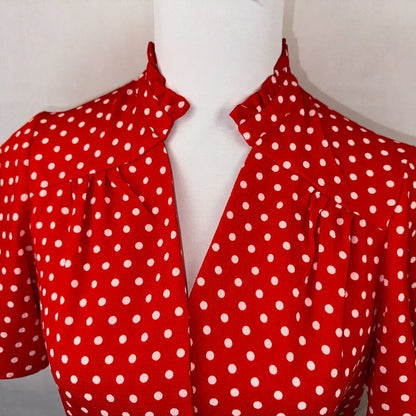 Monteau Top Sz M Fit and Flare Peplum Faux Wrap Red White Polka Dot