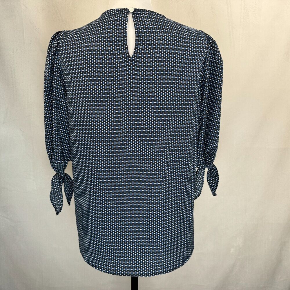 CeCe Ladies Top Sz XS Black Print Blue White Crew Neck Keyhole Tie Sleeve