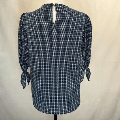 CeCe Ladies Top Sz XS Black Print Blue White Crew Neck Keyhole Tie Sleeve