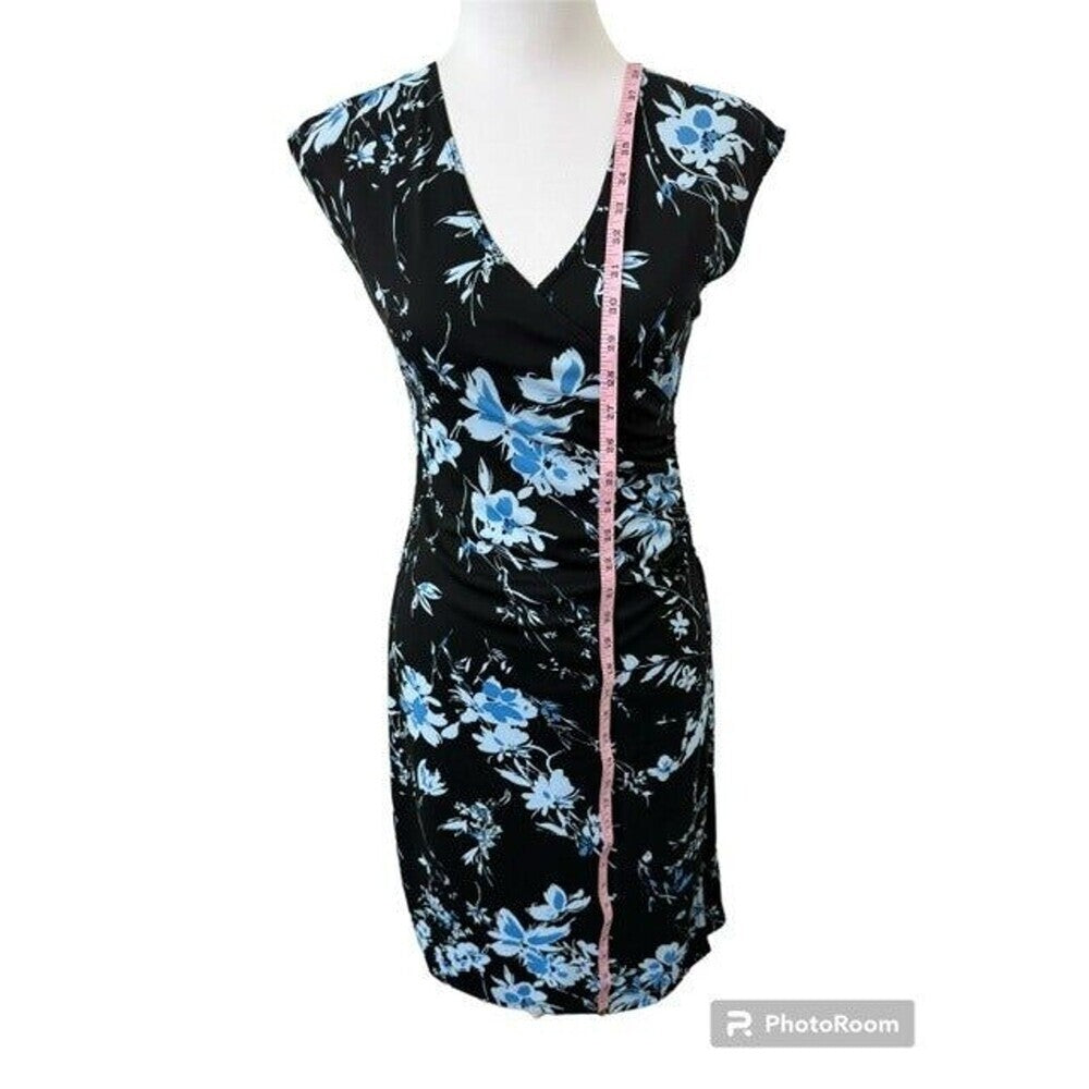 W Wrapper Black Blue Floral Faux Wrap Dress V-Neck Ruched Open Wrap Skirt