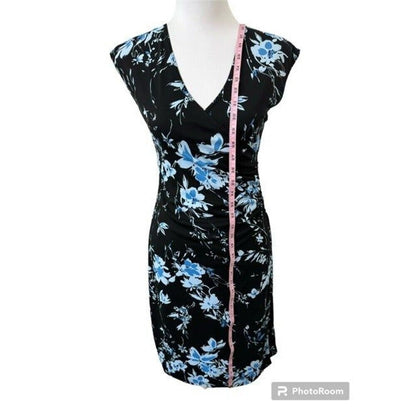 W Wrapper Black Blue Floral Faux Wrap Dress V-Neck Ruched Open Wrap Skirt