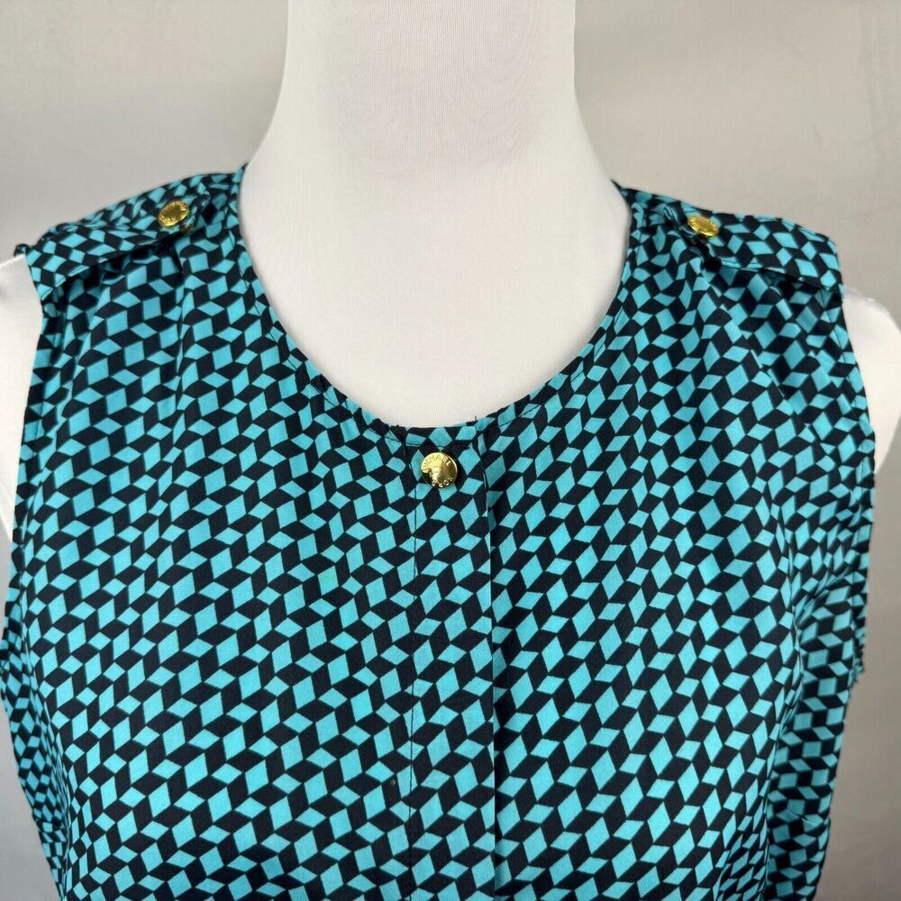 Michael Kors Blouse Sz 6 Black & Green Round Neck Hidden Buttons Sleeveless
