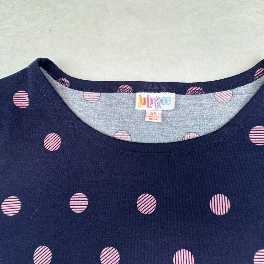 LuLaRoe Top Sz XS Knit Blue Pink Dots Boat Neck Fitted Elbow Sleeve