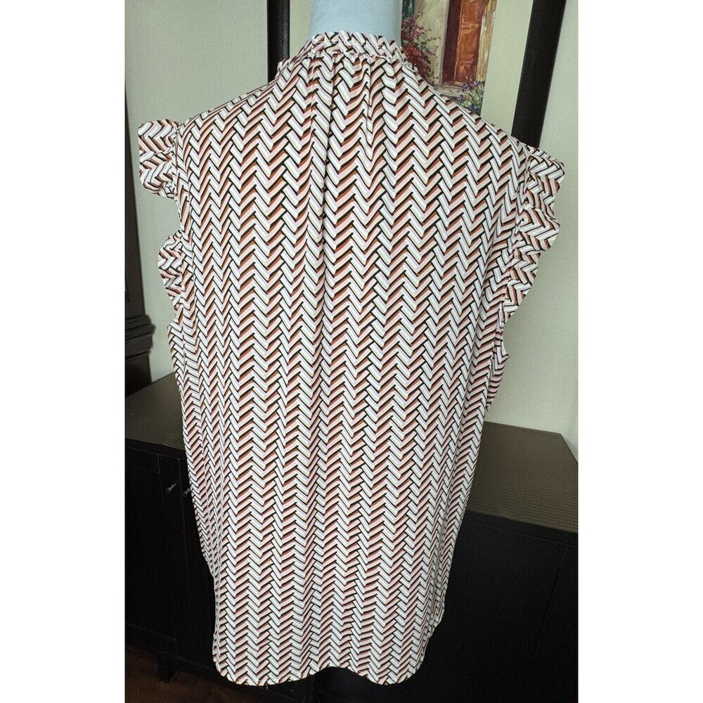 LOFT Plus Sz 18 Ruffle Crew Neck Front Keyhole Flutter Sleeves Pink ZigZag Print
