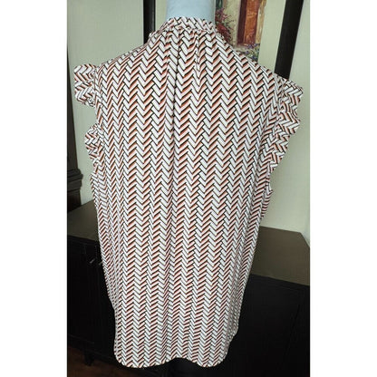 LOFT Plus Sz 18 Ruffle Crew Neck Front Keyhole Flutter Sleeves Pink ZigZag Print