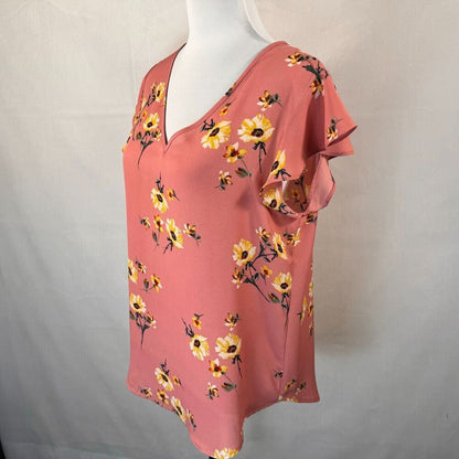 Lily White Ladies Sz M Dusty Pink Floral VNeck Cap Ruffle Sleeves
