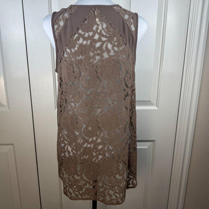 Bellatrix Women Top Taupe Tunic Sz M Front Sheer Lace Back Scoop Neck Sleeveless