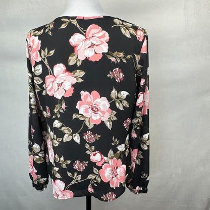 Guess Women Top Sz M Black Red Floral Print VNeck Front Waist Tie Cuffed Sleeves