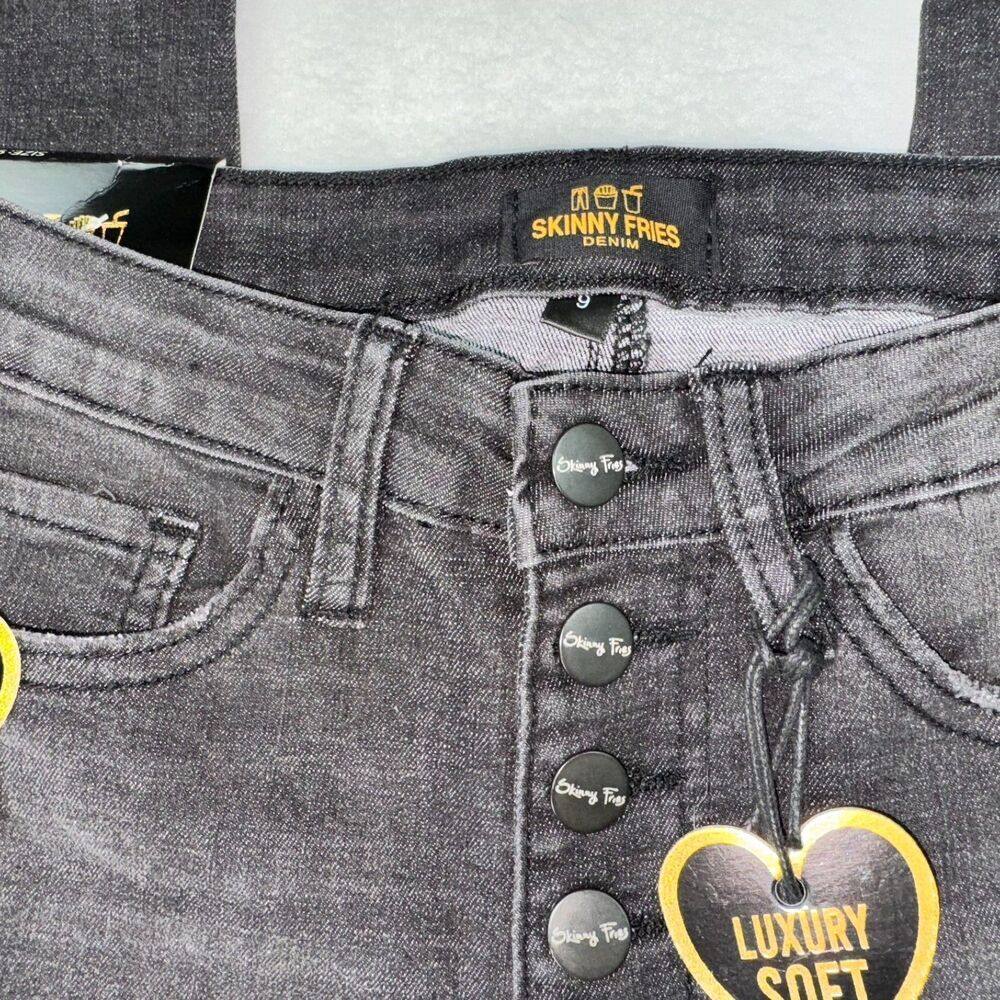 Skinny Fries Jeans Sz 9 Black Distressed Button Fly Jeans Juniors Boho