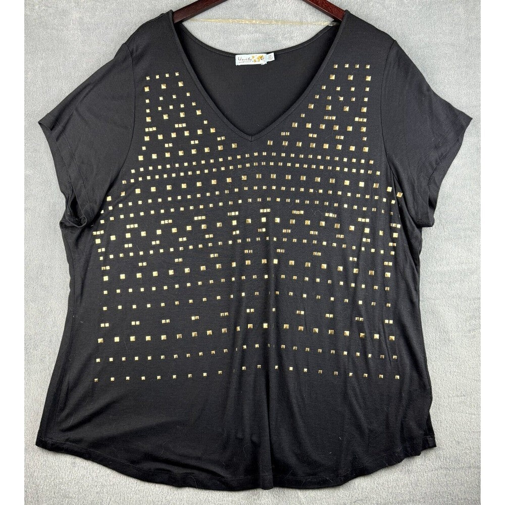 A black short-sleeve V-neck top with a grid pattern of gold square studs across the front, displayed on a hanger against a gray textured background.
