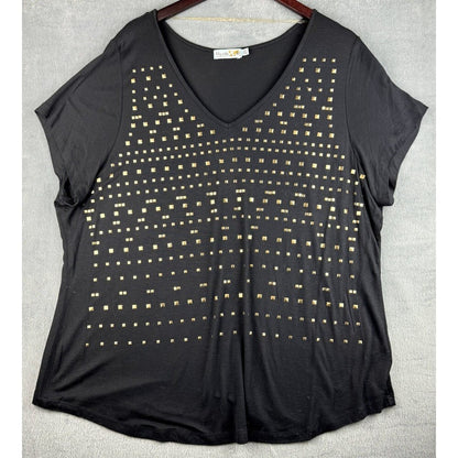 A black short-sleeve V-neck top with a grid pattern of gold square studs across the front, displayed on a hanger against a gray textured background.