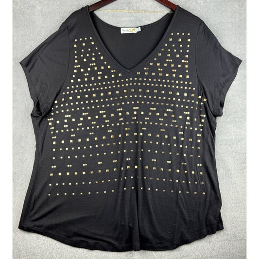A black short-sleeve V-neck top with a grid pattern of gold square studs across the front, displayed on a hanger against a gray textured background.