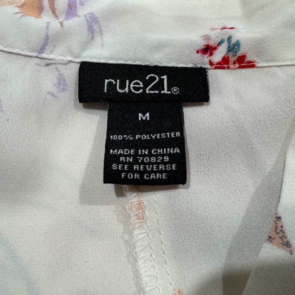 Rue 21 Blouse M White Floral Semi Sheer Tunic 3/4 roll up sleeve Lattice Details