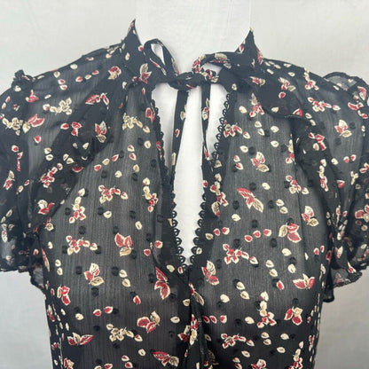 Bishop and Young Sz S Black Sheer Floral Top V-Neck Crochet and Ruffle Trim