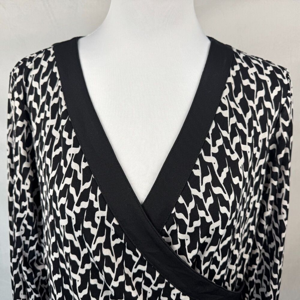 Charter Club Top Sz  XL Black Silver Print Faux Wrap Mesh Long Sleeve Black Trim