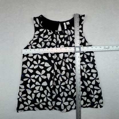 ELLE Top Sz S Black White Floral Pleated Round Neck Sleeveless Back Keyhole