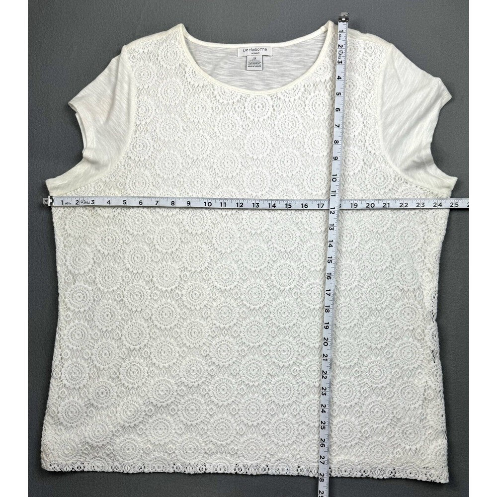 Liz Claiborne Sz 1X White blouse semi lace overlay scoop neck cap sleeve