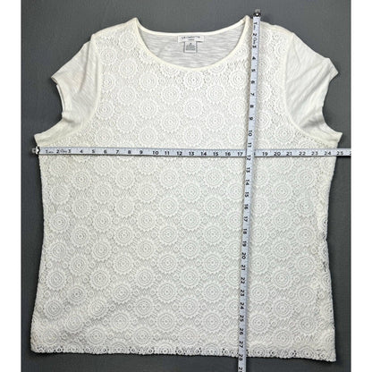 Liz Claiborne Sz 1X White blouse semi lace overlay scoop neck cap sleeve