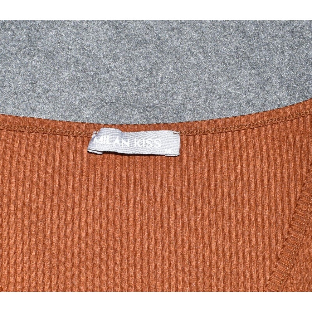 Milan Kiss Ruched Top Pullover Long Sleeves, Rust,  Ribbed Stretch - Size M