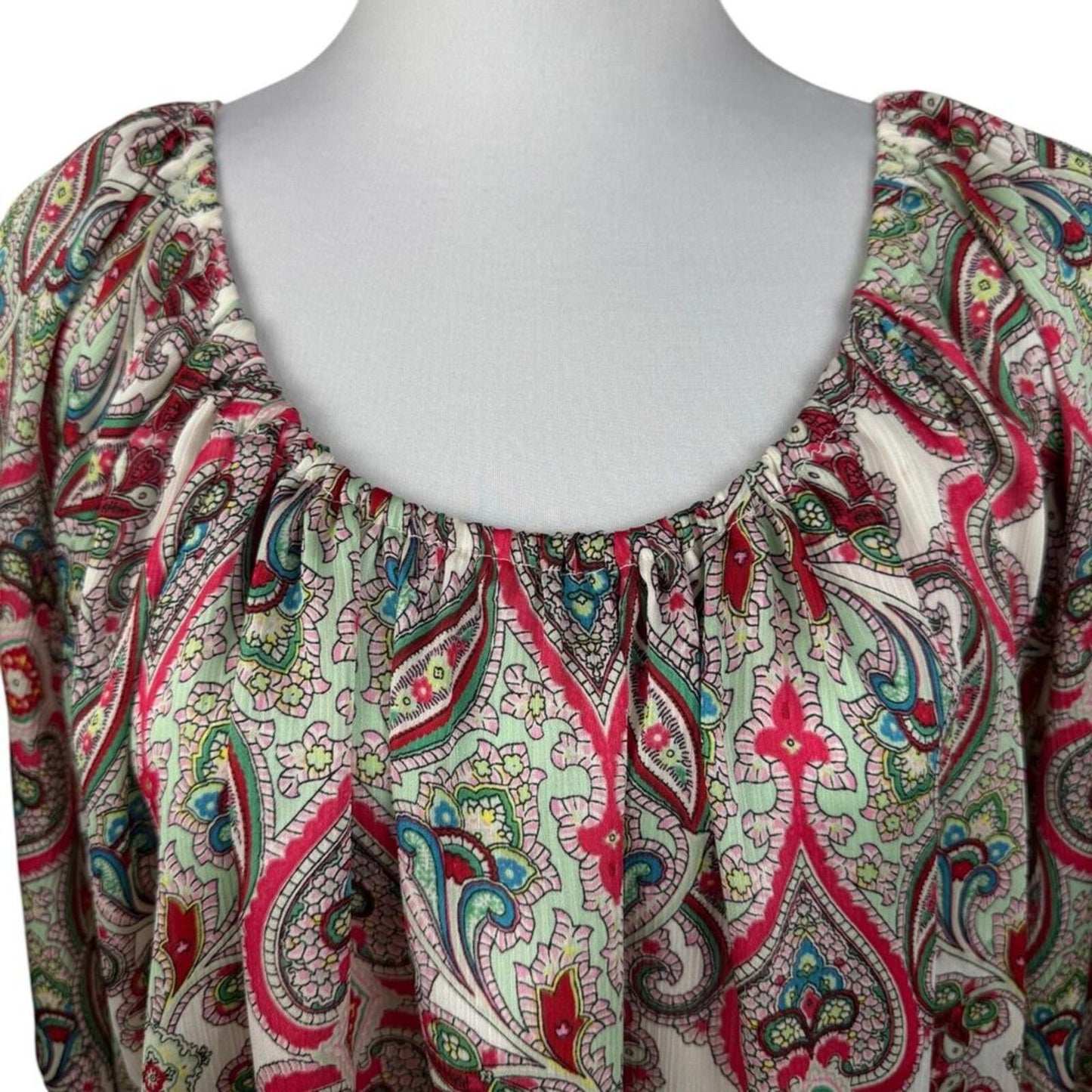 NY Collection Women's Top Sz S Sheer Ivory Paisley Print Scoop Neck 3/4 sleeve