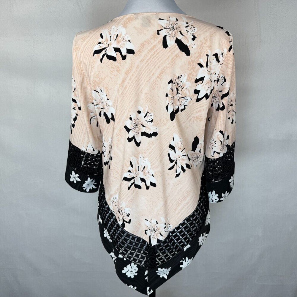 Alfani Women Sz PS Asymmetrical Top Floral Print Crochet Trim Round 3/4 sleeve