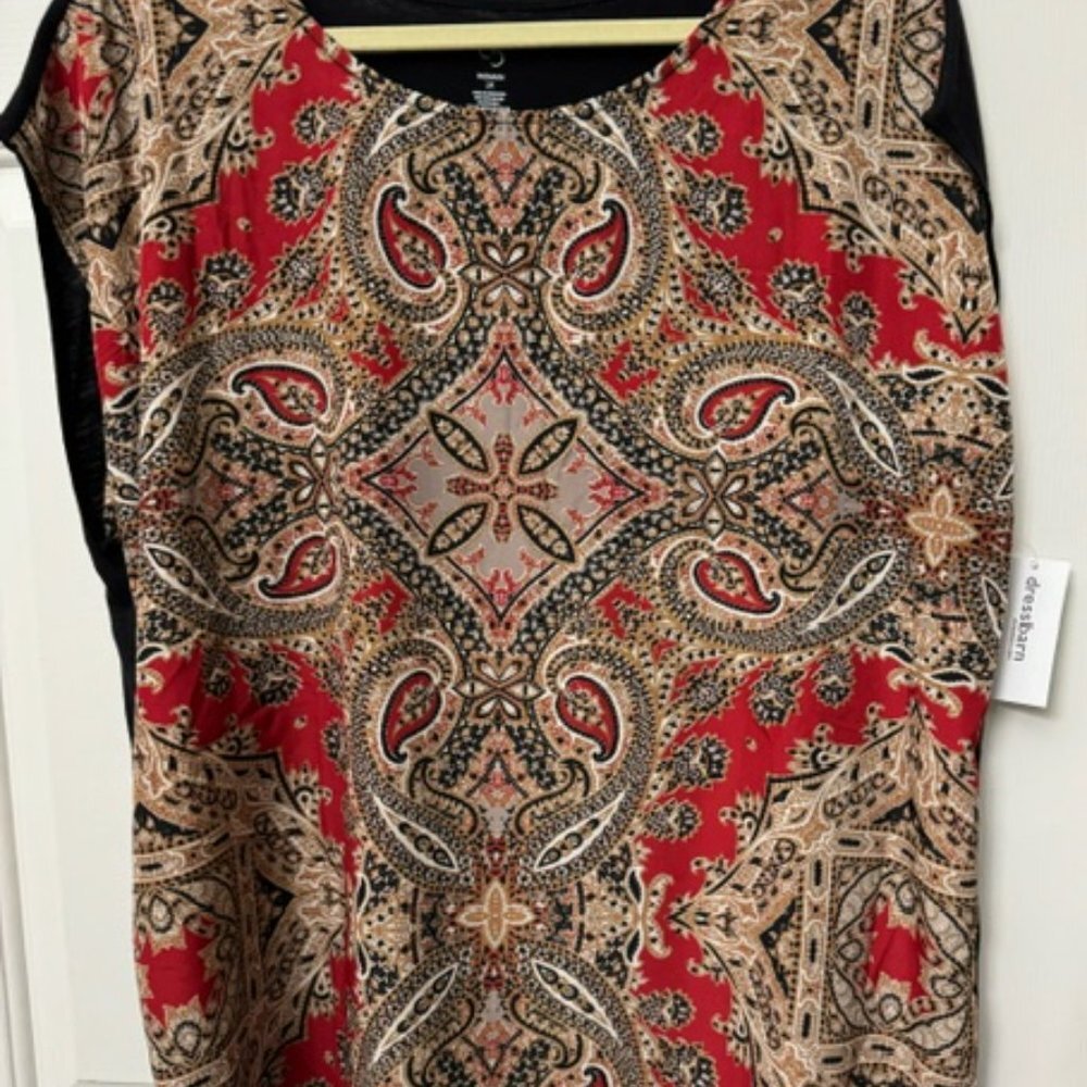 Dressbarn Women Top Sz 1X Black Back Front Red Beige Paisley Print NWT