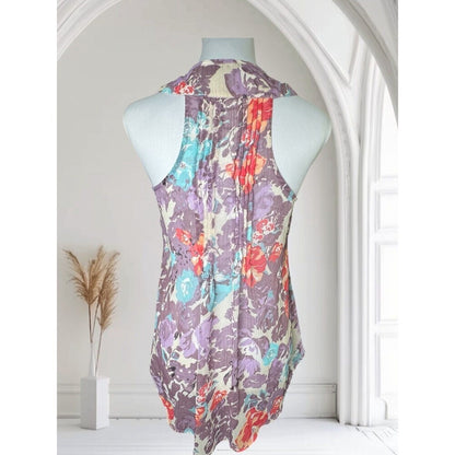 American Rag Cie Blouse Sz S Button Front Multicolor Floral Pintuck Scoop