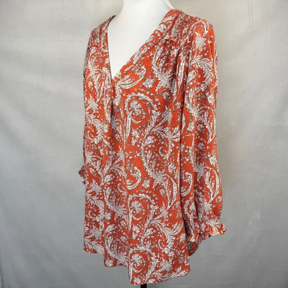 Jones New York WomenSz 1X VNeck Paisley Print 3/4 Elastic Sleeve Front Pleat