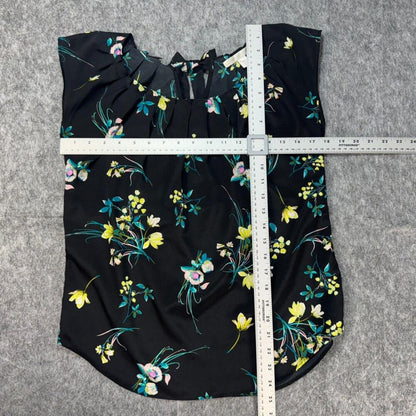 LC Lauren Conrad Blouse Sz XS Black Floral Round Pleated Neck Cap Sleeve