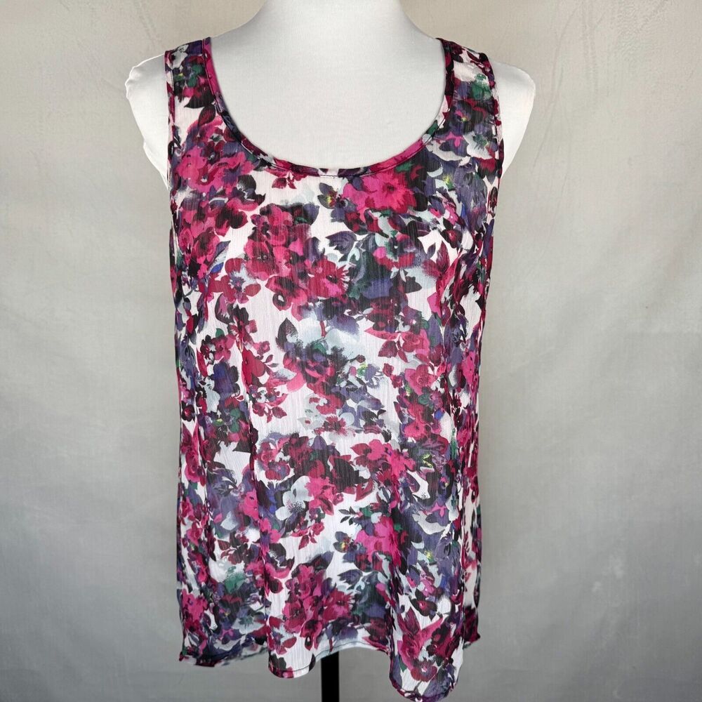 Studio Y Blouse Sz M Multicolor Floral Sheer Back Lace Scoop Neckline Sleeveless