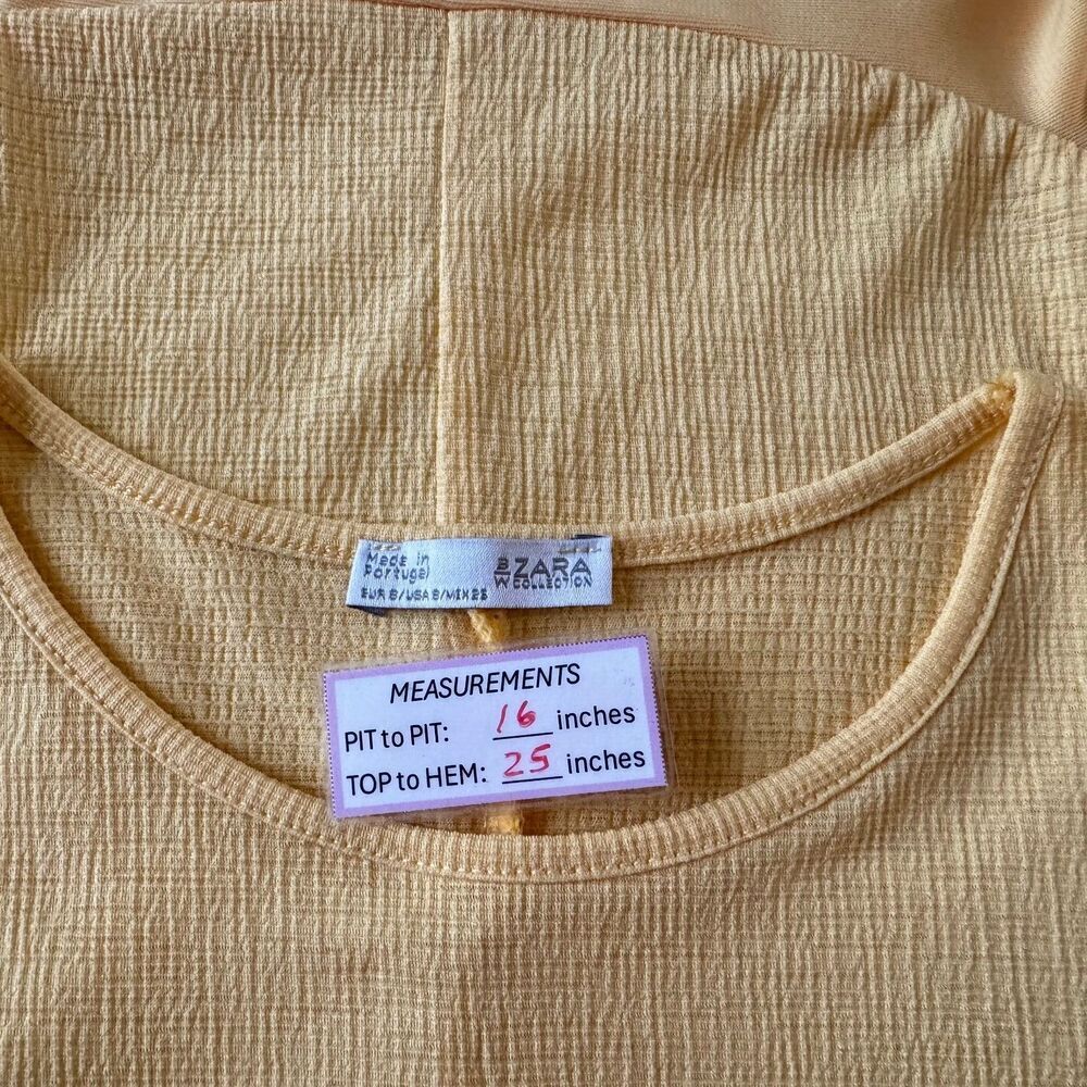 Zara BW Top Sz S Yellow Short Sleeve Round Neck Asymmetrical Peplum Hem