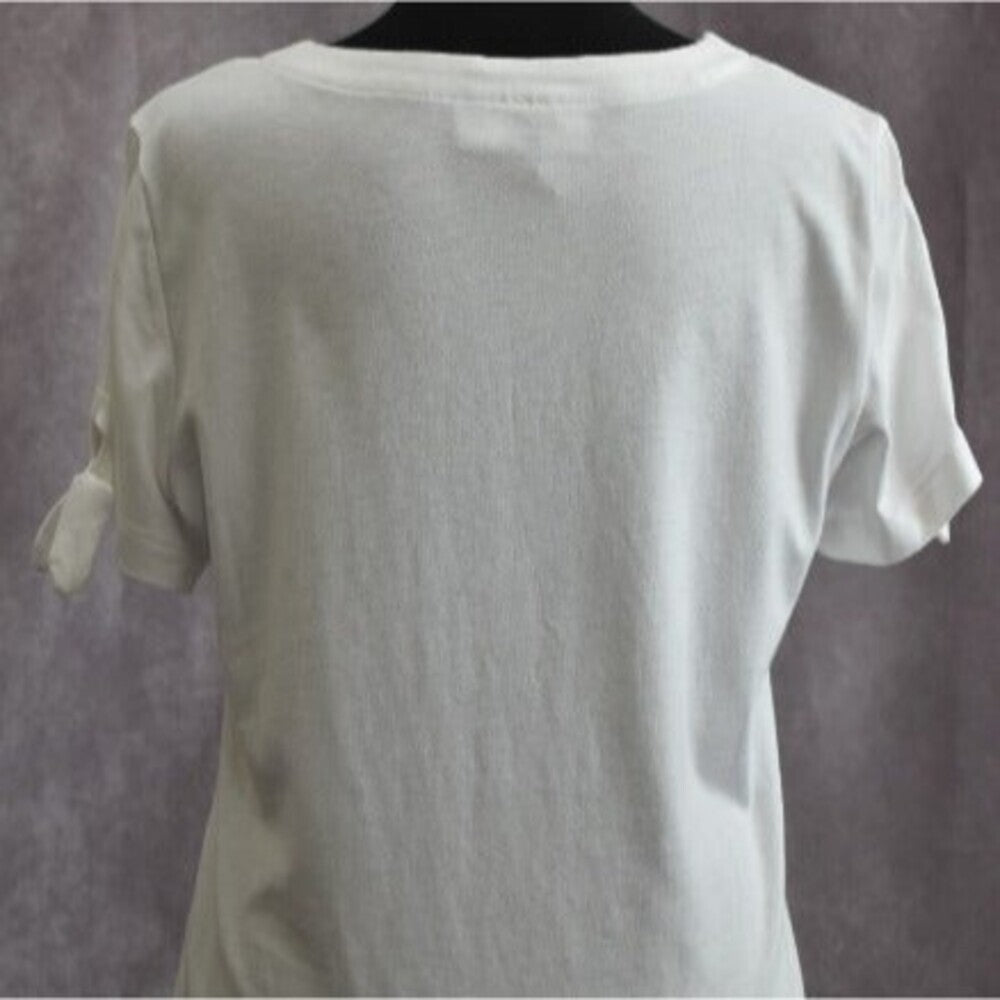 Karen Scott Women Top Sz S White Metallic Beads Tied Short Sleeves Round Neck