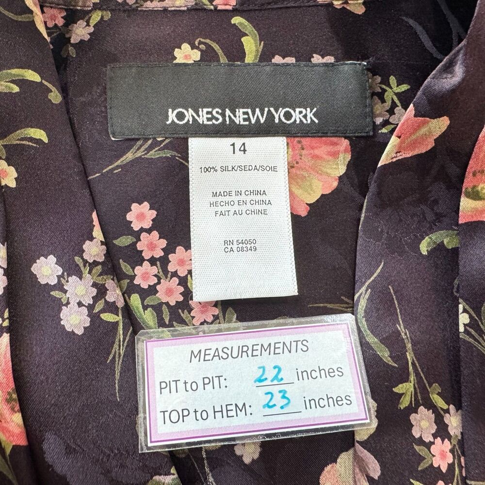 Jones New York Sz 14 Silk Top Brown Floral VNeck Pleated Button Up Cap Sleeve
