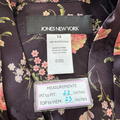 Jones New York Sz 14 Silk Top Brown Floral VNeck Pleated Button Up Cap Sleeve