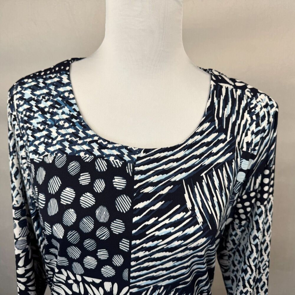 Chico's Tunic Sz 1 Blue Round Neck Geometric Print 3/4 Length Sleeve Side Slits