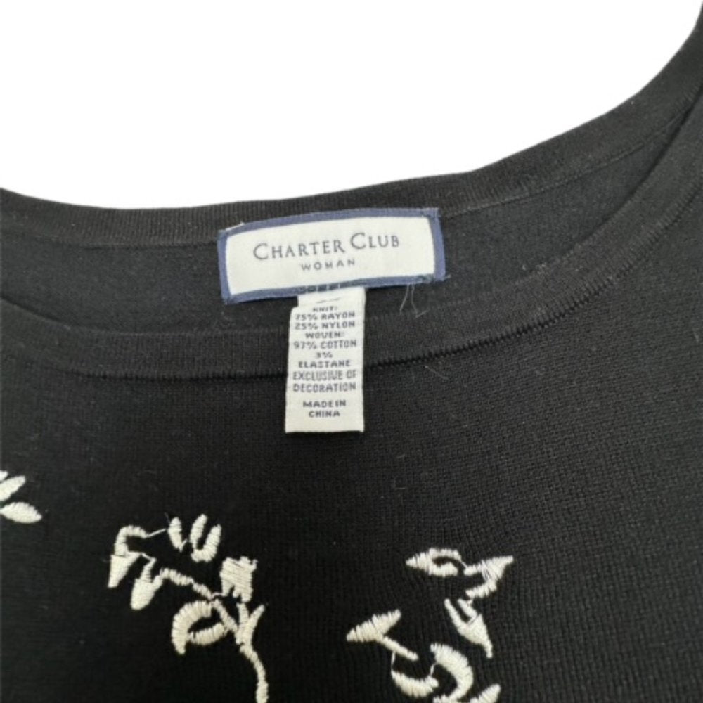 Charter Club Sz 3X Black Sweater White Embroidered Long Sleeves Boat Neck