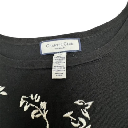 Charter Club Sz 3X Black Sweater White Embroidered Long Sleeves Boat Neck