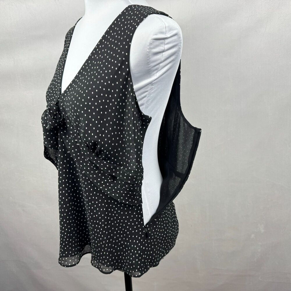 LOFT Women Blouse Sz 14P Black Beige Polka Dot Sleeveless VNeck