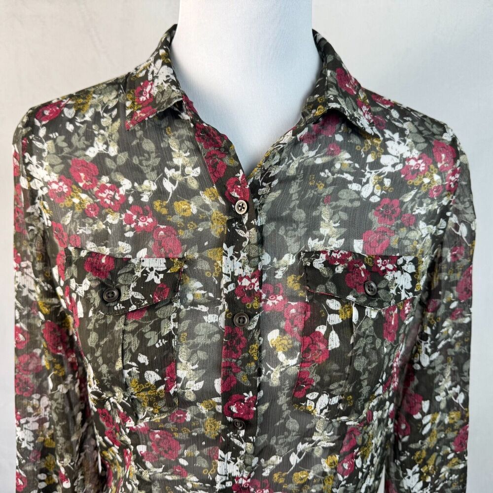 Eddie Bauer Women Sz XS Sheer Green Floral Blouse Roll Up Sleeves Button Down