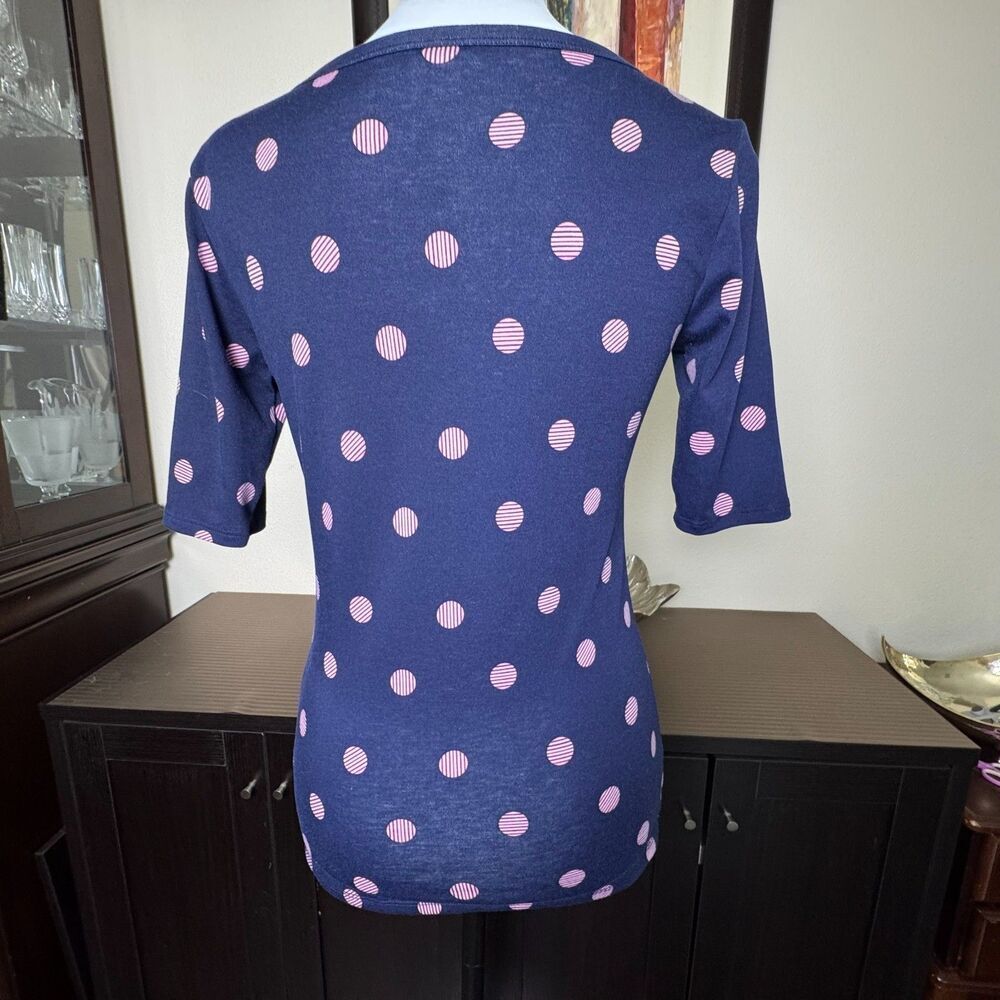 LuLaRoe Top Sz XS Knit Blue Pink Dots Boat Neck Fitted Elbow Sleeve