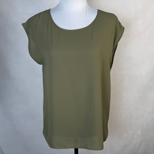 Forever 21 Women Top Sz M Sheer Olive Green Round Neck Sleeveless Pullover