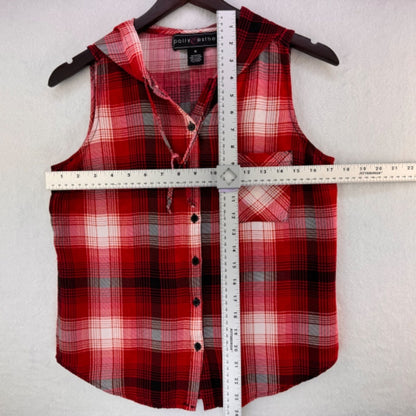 Polly & Esther Sz M Hoodie Button down plaid shirt front pocket rayon