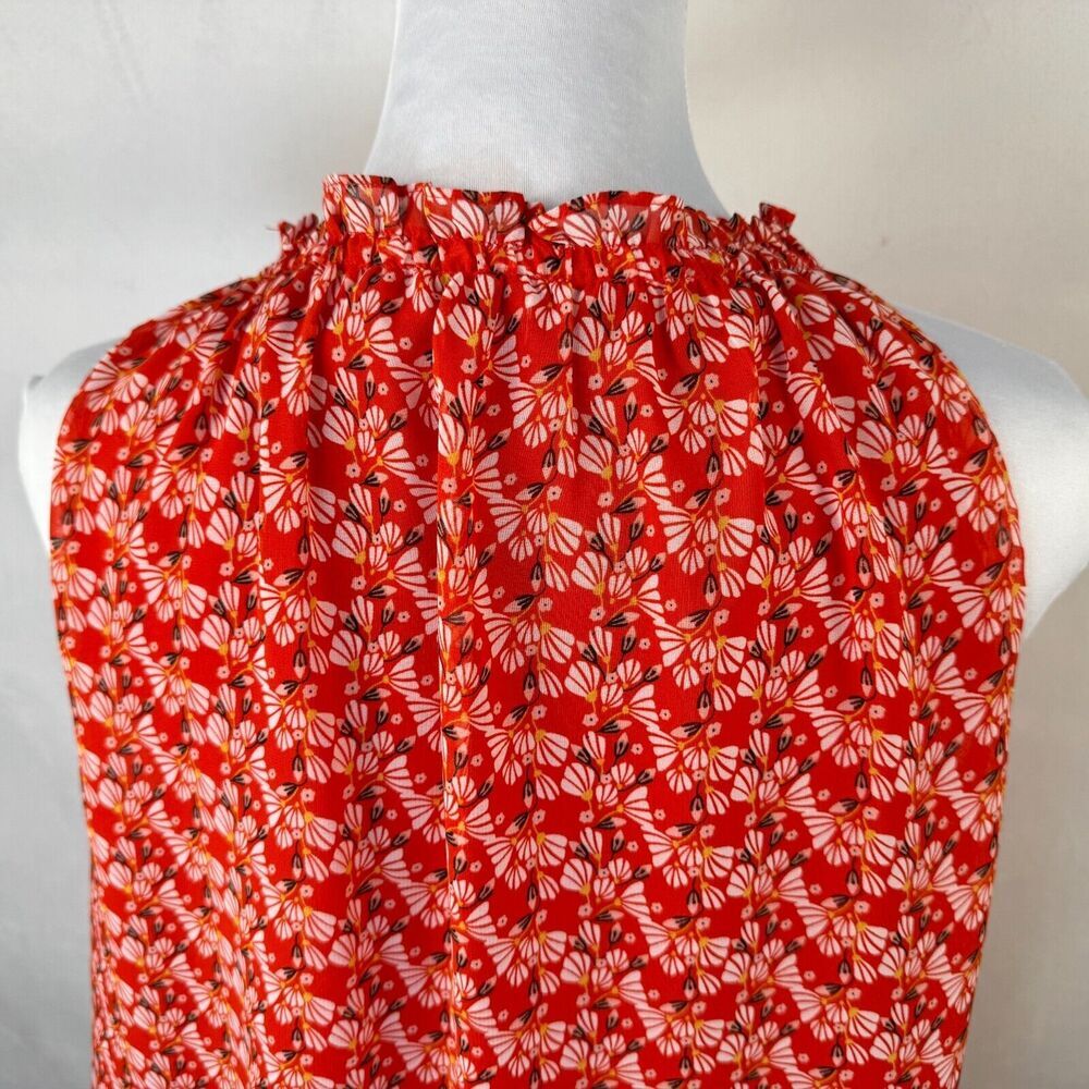 Max Studio Blouse Sz M Red Floral Ruffle Neck Drawstring Tie Lined Sleeveless