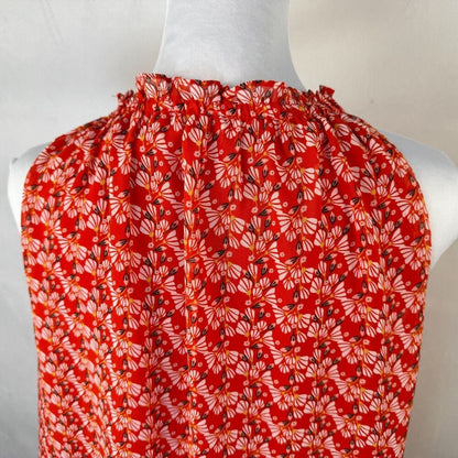 Max Studio Blouse Sz M Red Floral Ruffle Neck Drawstring Tie Lined Sleeveless