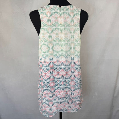 CAbi Top Sz S Scoop Neck Sleeveless Chiffon Layered Lined Mosaic Print