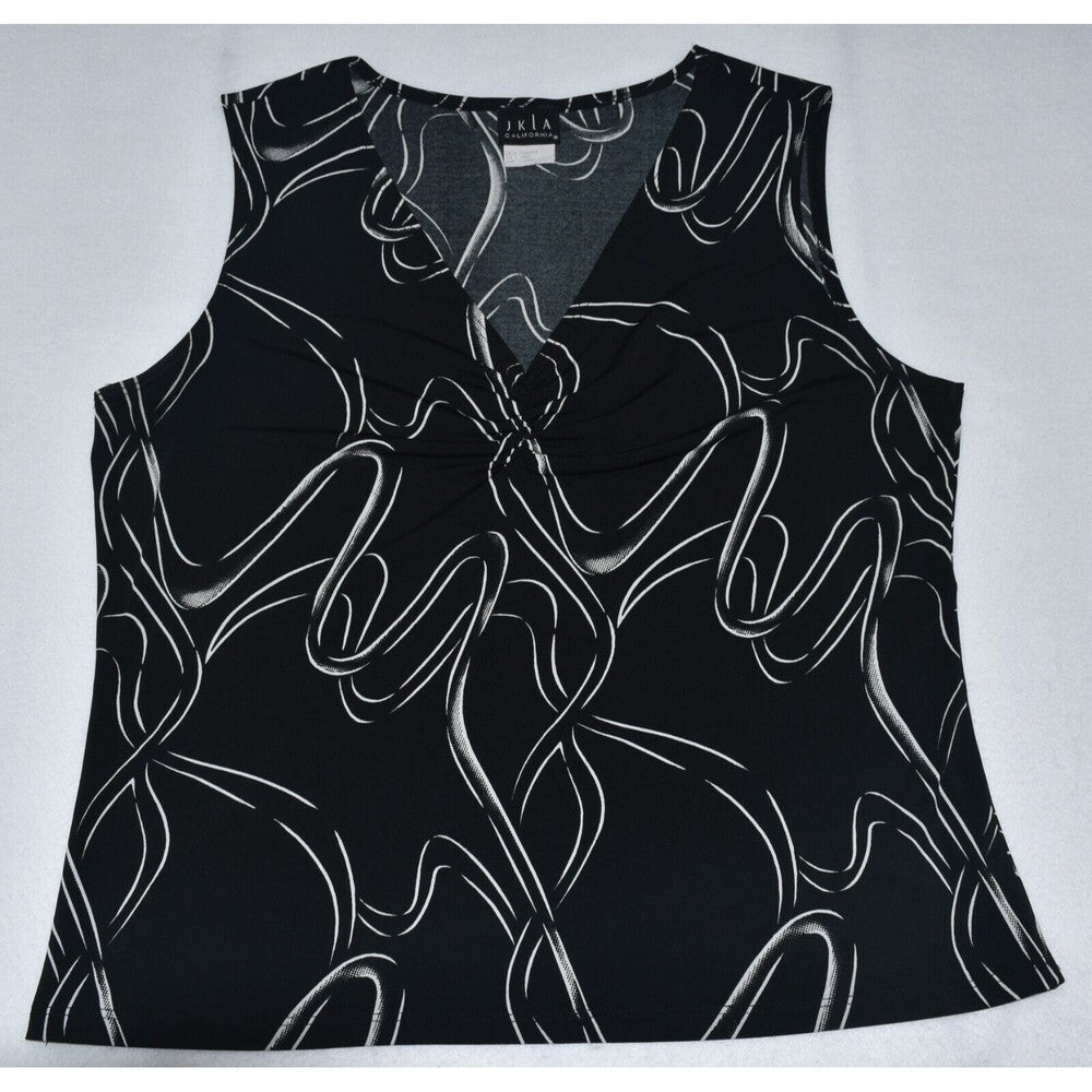 A sleeveless black V-neck top with an abstract white wavy line pattern, laid flat on a light gray background.